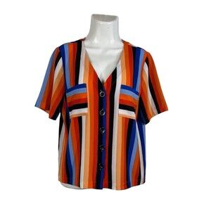 Leighton Blouse Medium Multi Color Geometric Colorblock Button Up Top Retro Vtg